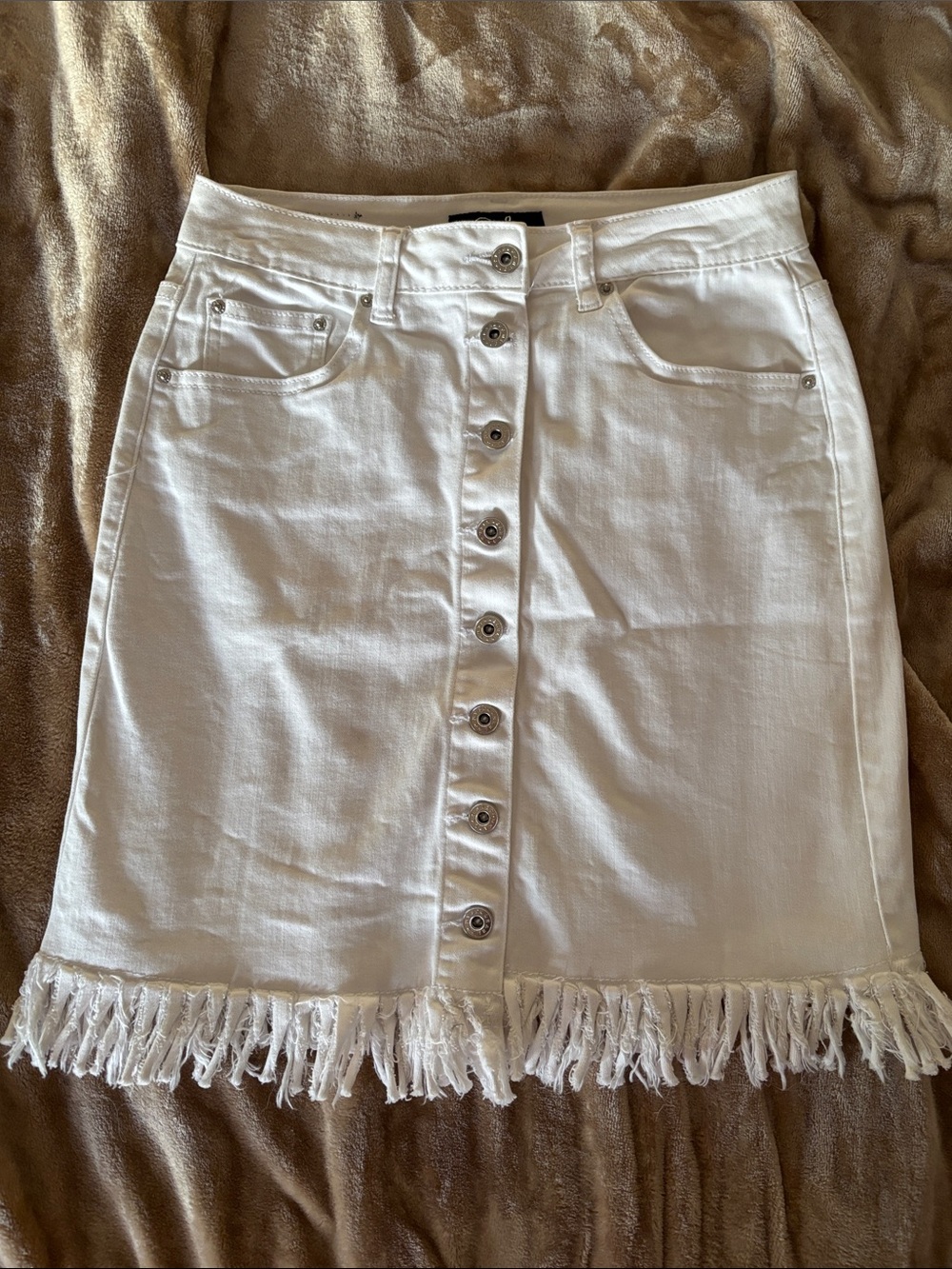 Earl Jeans White Button-Front Mini Skirt with Fringed Hem